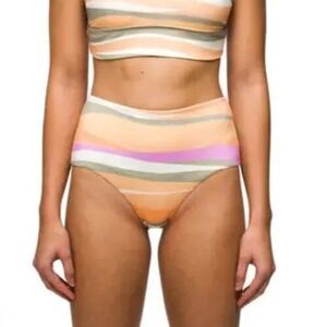 Prana NEW Sz XL Sun Shade High Rise Bikini Bottom‎ Pink Peach Green Waves Stripe